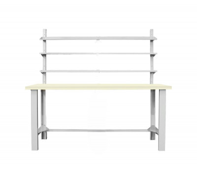 Banco con piano in laminato e 3 mensole. Mm 1500x840x890/1800h.