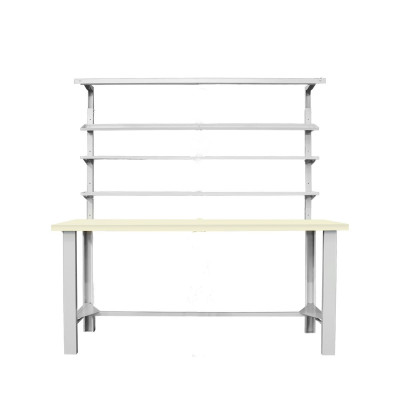 Banco con piano in laminato, 3 mensole e lampada. Mm 1500x840x890/1980h