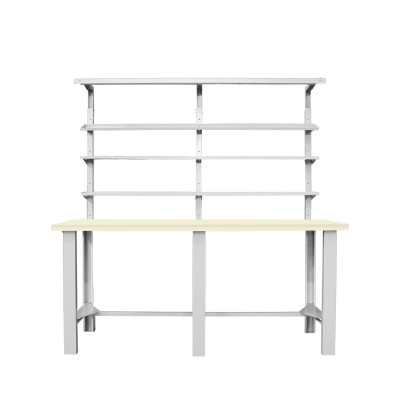 Banco con piano in laminato, 3 mensole e lampada. Mm 2000x840x890/1980h