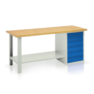 Bench with wooden top, 1 drawer unit, 7 drawers mm. 2000Lx750Dx900H. Grey/blue.