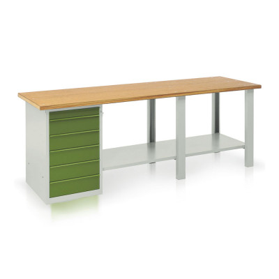 Bench with wooden top, 1 drawer unit, 6 drawers mm. 2500Lx750Dx900H. Grey/green.