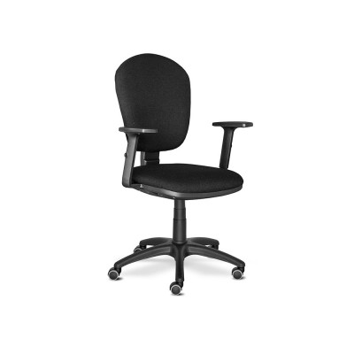 Operational chair with armrests, medium adjustable backrest. Padded and covered in black fireproof fabric.