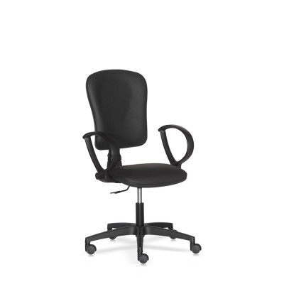 Operational chair with armrests, adjustable high backrest. Padded and covered in black eco-leather.
