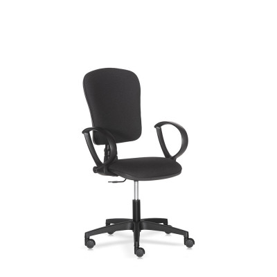 Operational chair with armrests, adjustable high backrest. Padded and covered in black fireproof fabric.