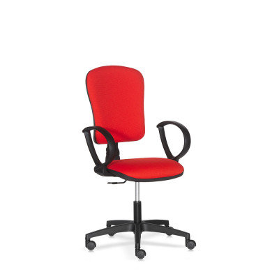 Operational chair with armrests, adjustable high backrest. Padded and covered in red fireproof fabric.