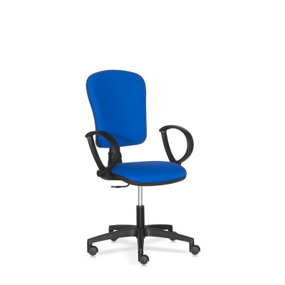 Operational chair with armrests, adjustable high backrest. Padded and covered in blue fireproof fabric.