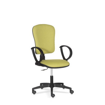 Operational chair with armrests, adjustable high backrest. Padded and covered in green fireproof fabric.