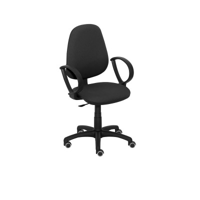 Operational chair with armrests, medium adjustable backrest, plastic and black bases. Padded and covered in black fireproof fabric.