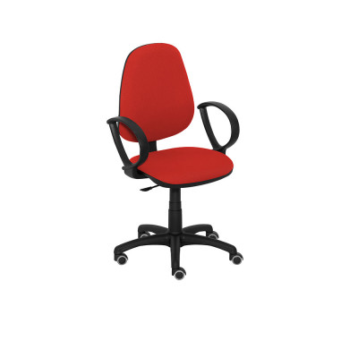 Operational chair with armrests, medium adjustable backrest, plastic and black bases. Padded and covered in red fireproof fabric.