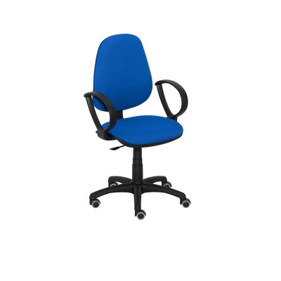 Operational chair with armrests, medium adjustable backrest, plastic and black bases. Padded and covered in blue fireproof fabric.
