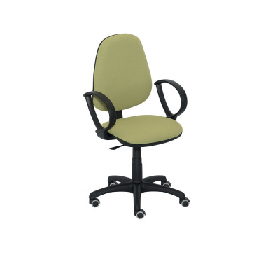 Operational chair with armrests, medium adjustable backrest, plastic and black bases. Padded and covered in green fireproof fabric