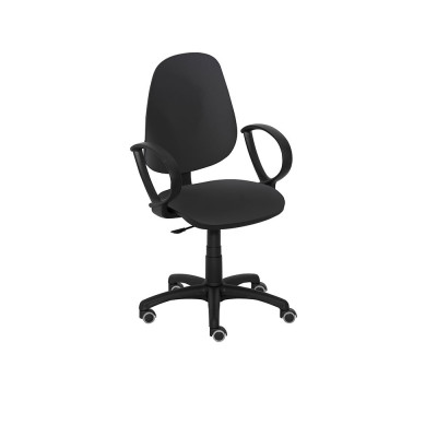 Operational chair with armrests, medium adjustable backrest, plastic and black bases. Padded and covered in black eco-leather.