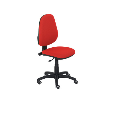 Operational chair, medium adjustable backrest, plastic and black bases. Padded and covered in red fireproof fabric.