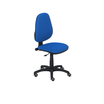 Operational chair, medium adjustable backrest, plastic and black bases. Padded and covered in blue fireproof fabric.