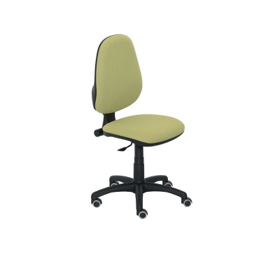 Operational chair, medium adjustable backrest, plastic and black bases. Padded and covered in green fireproof fabric.