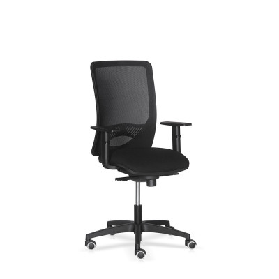 D2140R/16 Operational chair with armrests, medium back in black mesh with adjustable lumbar support. Padded and covered in black fireproof fabric.
