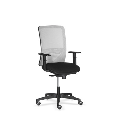 D2140R/16G Operational chair with armrests, medium back in grey mesh with adjustable lumbar support. Padded and covered in black fireproof fabric.