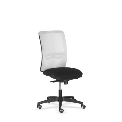 Operational chair, medium grey mesh backrest with adjustable lumbar support. Padded and covered in black fireproof fabric.