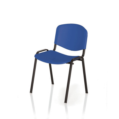 Fixed stacking chair with 4 legs. Blue seat and back, black structure.