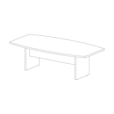 Contoured meeting table with top and sides in dark elm melamine. Sizes: mm. 2400Lx1200Dx740H.