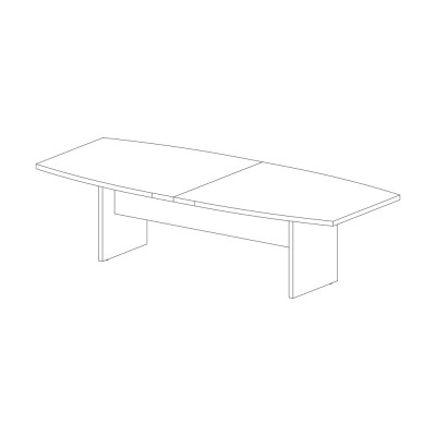 Contoured meeting table with tops and sides in dark elm melamine. Sizes: mm. 2800Lx1200Dx740H.