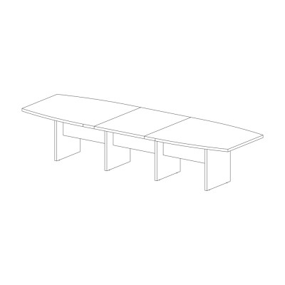 Contoured meeting table with tops and sides in dark elm melamine. Sizes: mm. 3700Lx1200Dx740H.