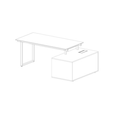 D3122D/NOB Desk with ring leg mm. 1800Lx800Dx740H. resting on the right service unit. Top in light elm melamine and unit in black melamine. Sizes: mm 2260Lx1200Dx740H.