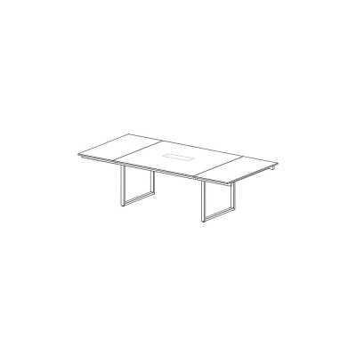 Meeting table with ring legs with top access, with cantilever ends. Top in black melamine. Sizes: mm 2850Lx1650Dx740H.