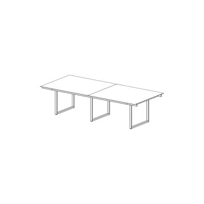 Meeting table with ring legs, consisting of two tops in light elm melamine. Sizes: mm 3300Lx1650Dx740H.