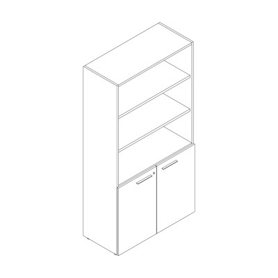 Bookshelf with hinged doors in the lower part and open in the upper part, structure in black melamine and doors in oak. Sizes: mm 1000x460x1950h.