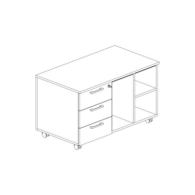 Service unit on wheels in melamine, with 3 left side drawers maple colour. Sizes: 1020Lx570Dx620H mm.