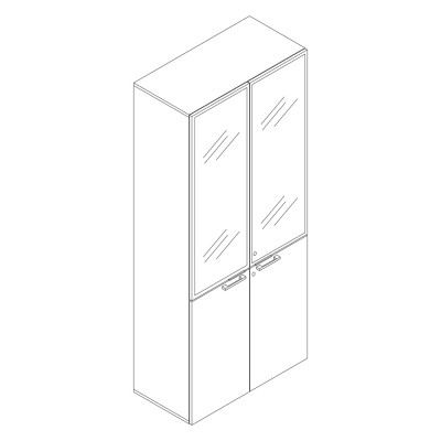 Melamine bookshelf with hinged doors in the lower part and in glass in the upper part black/eucalyptus colour. Sizes: 900Lx450Dx2100H mm.