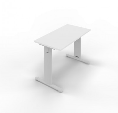 Service table in melamine with standard T legs. White top, legs in painted steel embossed aluminium colour. Sizes: 1200Lx600Dx745H mm.