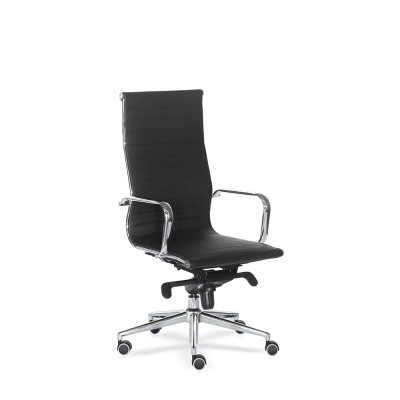 Executive chair with high backrest and black eco-leather upholstery.