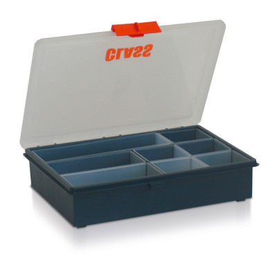 Box with lid and 8 trays mm. 240Lx186Dx55H.