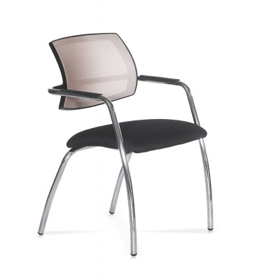 Demetra fixed chair with chromed steel frame, polypropylene backrest covered in beige fireproof mesh. Seat upholstered and covered in black fireproof fabric.