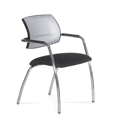 D2144R/16G Demetra fixed chair with chromed steel frame, polypropylene backrest covered in grey fireproof mesh. Seat upholstered and covered in black fireproof fabric