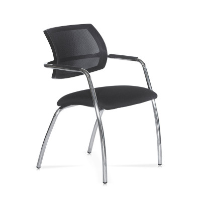Demetra fixed chair with chromed steel frame, polypropylene backrest covered in black fireproof mesh. Seat upholstered and covered in black fireproof fabric.