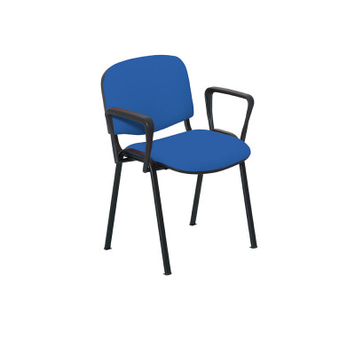 Fixed 4-leg chair with armrests. Upholstery in fireproof blue fabric, black structure.