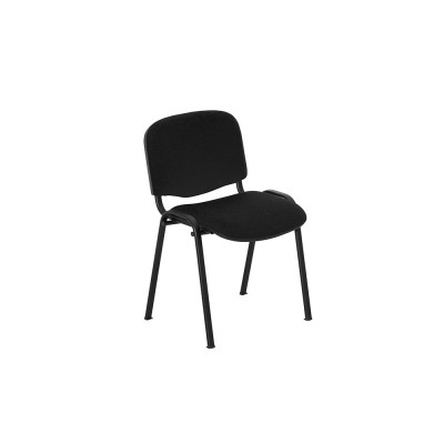 Fixed stacking chair with 4 legs. Black fireproof fabric upholstery, black structure.