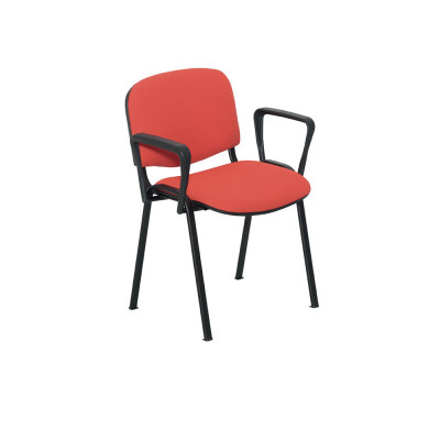 Fixed 4-leg chair with armrests. Upholstery in red fireproof fabric, black structure.