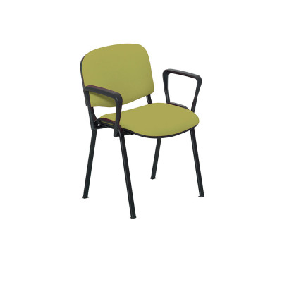 Fixed 4-leg chair with armrests. Upholstery in green fireproof fabric, black structure.