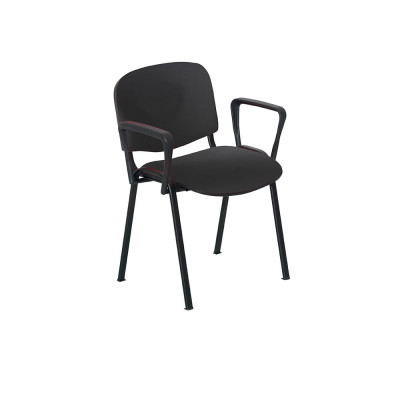 Fixed 4-leg chair with armrests. Black eco-leather upholstery, black structure.