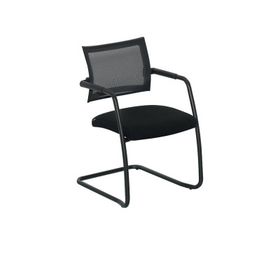 Fixed cantilever chair with armrests, backrest in black mesh and seat upholstered in black fireproof fabric. Black structure.