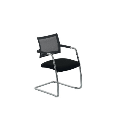 Fixed cantilever chair with armrests, backrest in black mesh and seat upholstered in black fireproof fabric. Chromed structure