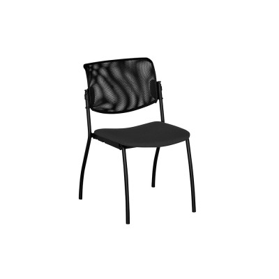 Fixed stackable 4-legged chair, backrest upholstered in black mesh, seat upholstered in black fireproof fabric. Black structure.