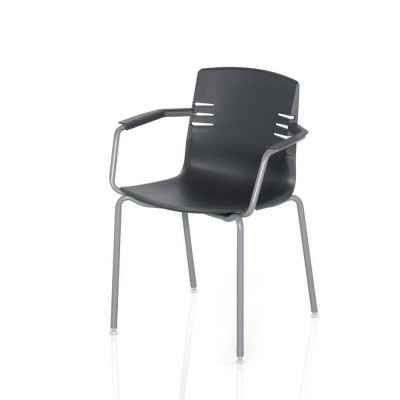 Fixed 4-legged stackable chair with armrests. Polypropylene body in anthracite colour and aluminium colour structure.