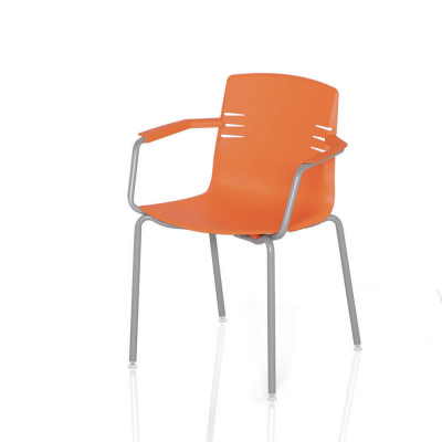 Fixed 4-legged stackable chair with armrests. Orange coloured polypropylene body and aluminium coloured structure