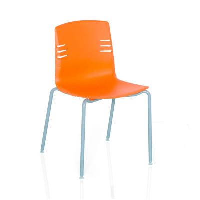 Fixed stacking chair with 4 legs. Orange coloured polypropylene body and aluminium coloured structure