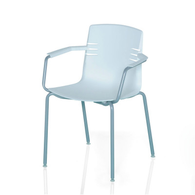 Fixed 4-legged stackable chair with armrests. White polypropylene body and aluminium colour structure.